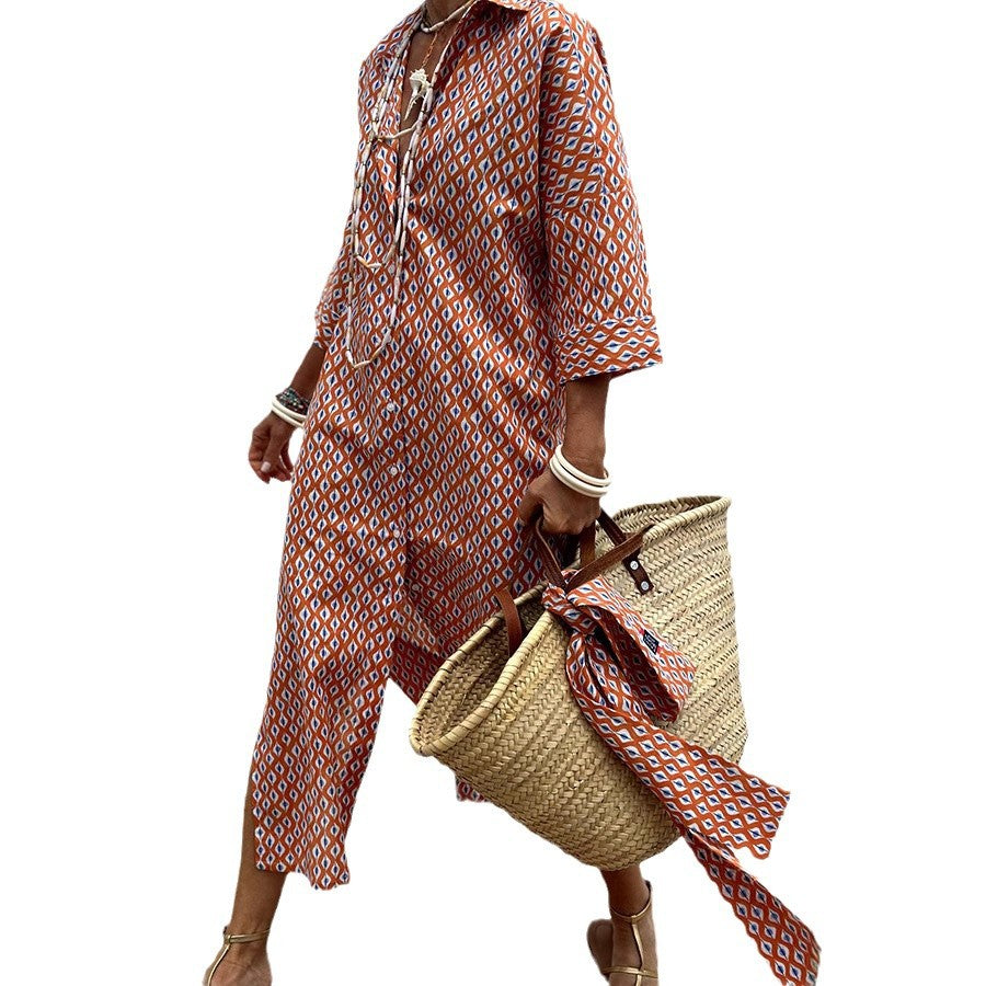 Women's Half Sleeve Striped Lapel Shirt Dress