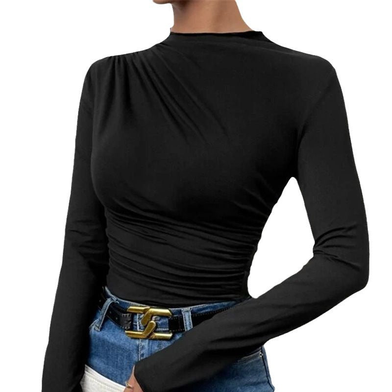 Women's Color Bottoming Shirt Versatile Pleated Design Blouses