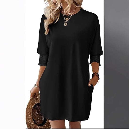 Women's Color Round Neck Loose Middle Sleeve Dresses