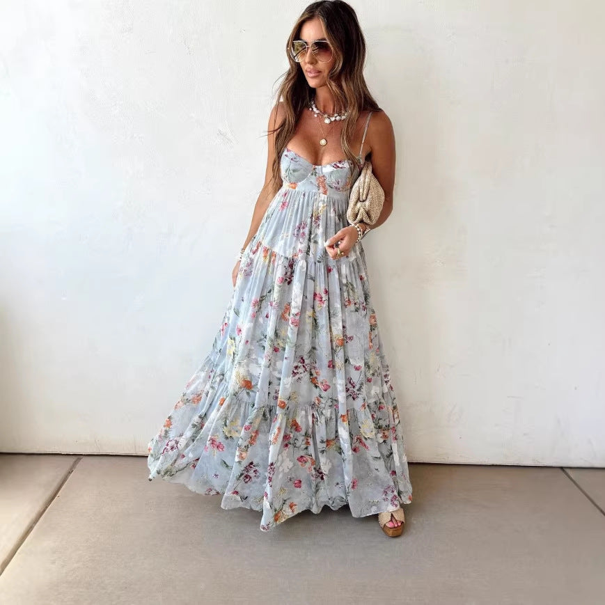 Women's Summer Printed Sleeveless Backless Elegant Slip Dress
