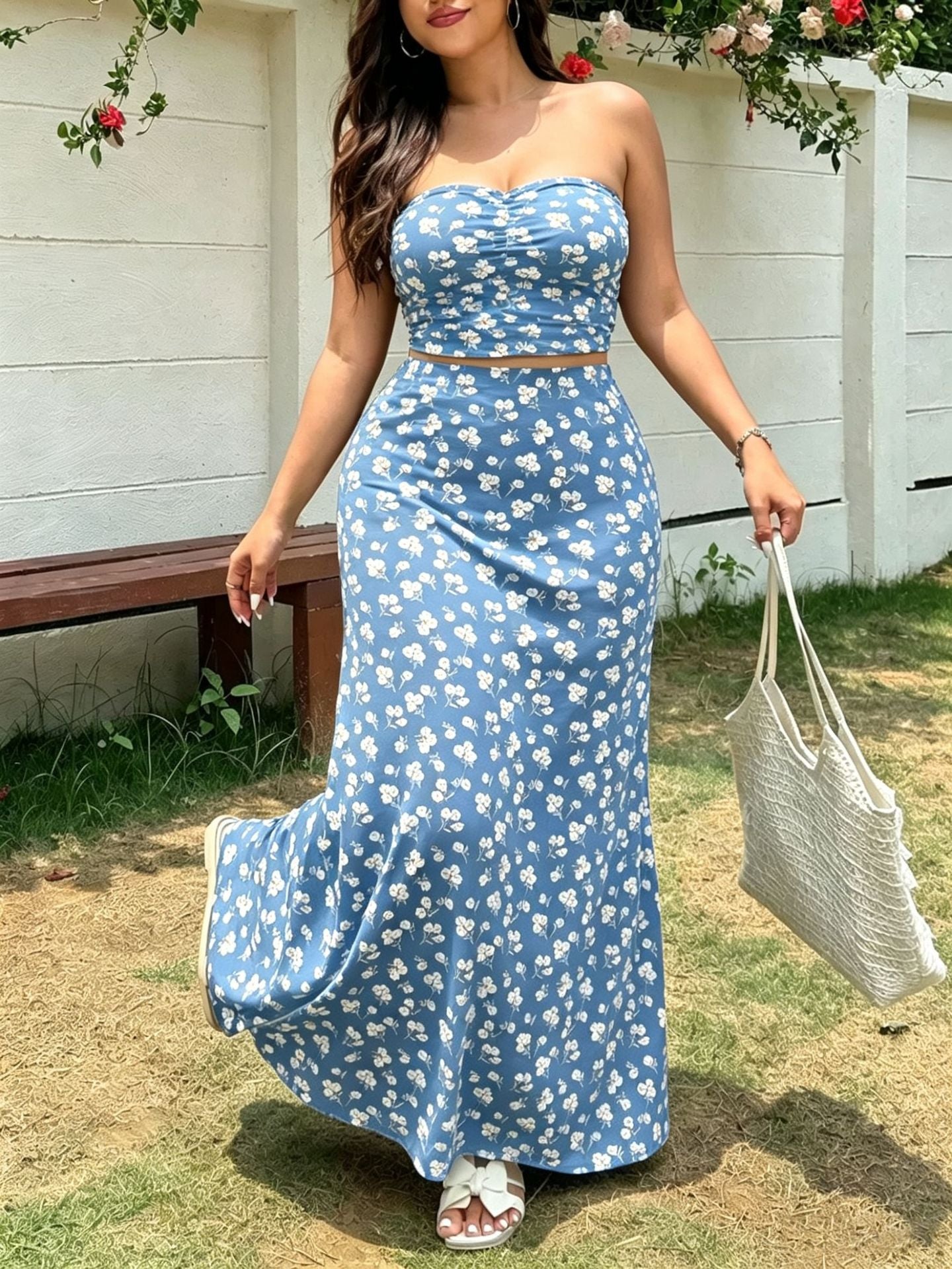 Summer French Style Small Floral Print Tube Vacation Two-piece Dress