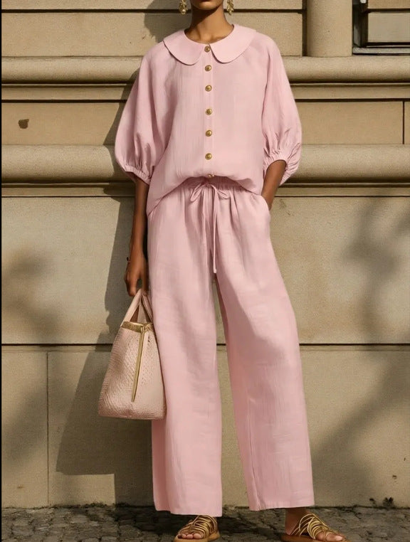 Women's Cotton Linen Lantern Sleeve Shirt Drawstring Fashion Casual Suit