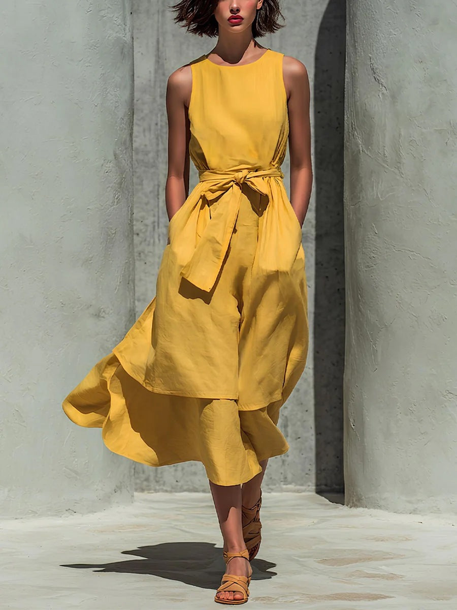 Sleeveless Round Neck Tied Waist Irregular Swing Dress