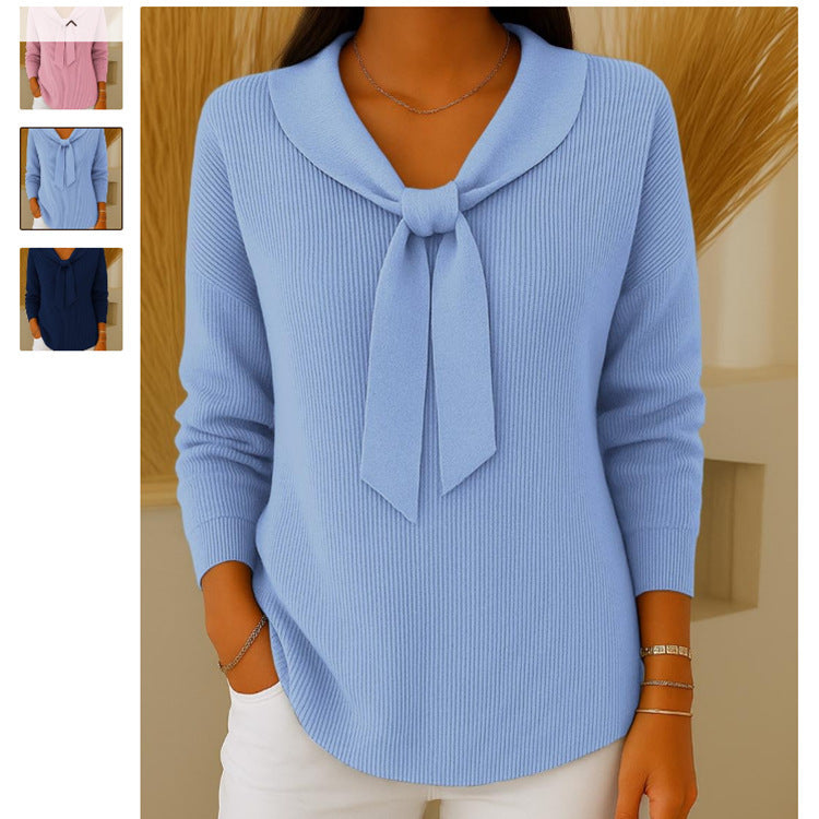 Unique Women's Knitted Bow Solid Color Tops