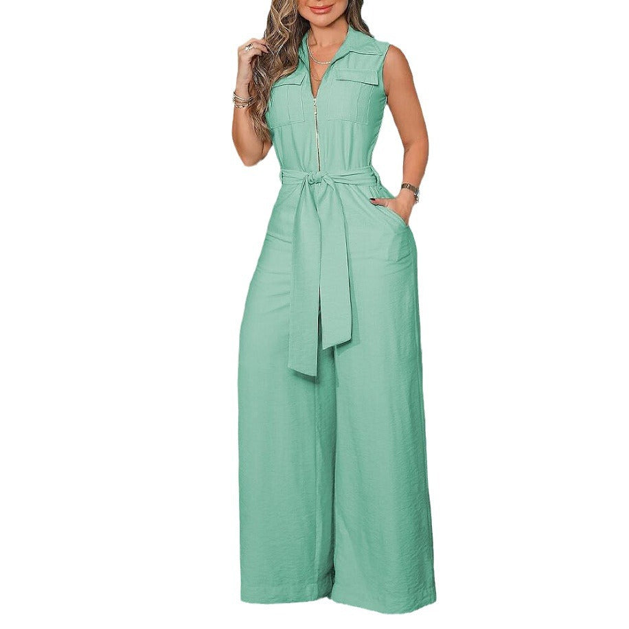 Women's Shirt Collar Sleeveless Solid Color Zipper Jumpsuits