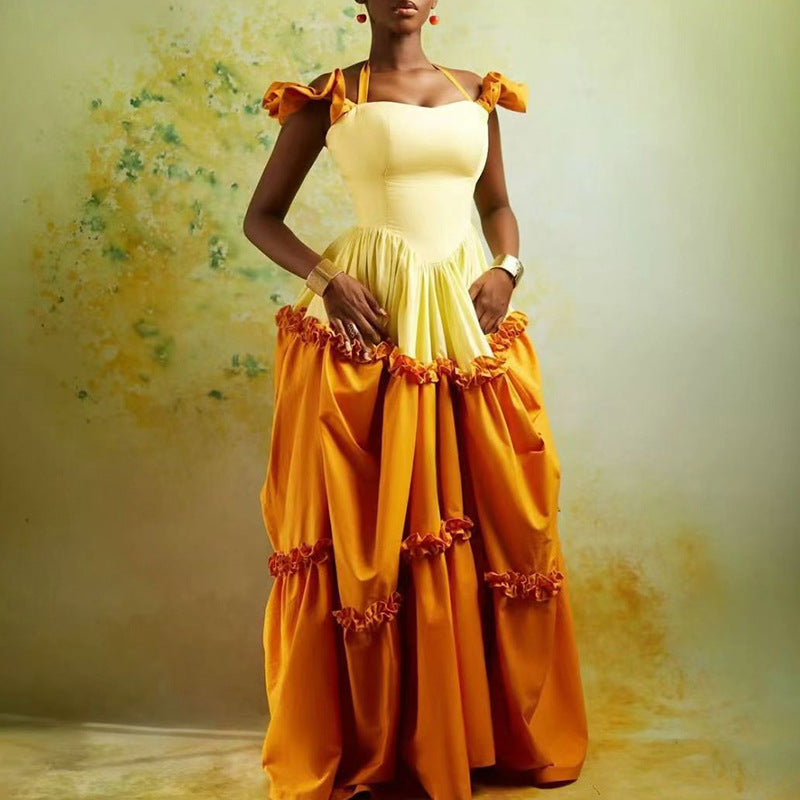 Women's African Ruffled Large Hem Color Matching Suspender Jumpsuits