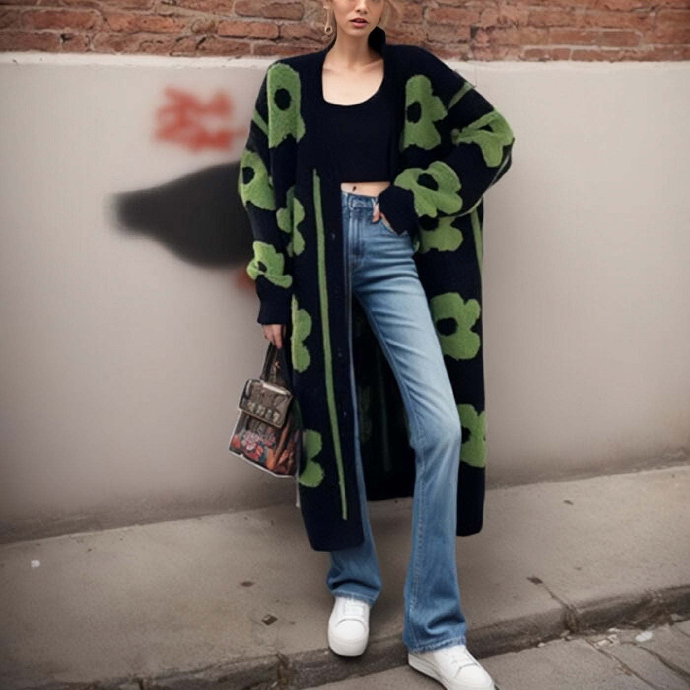 Women's Large Flower Jacquard Knitted Long Single-breasted Knitwear