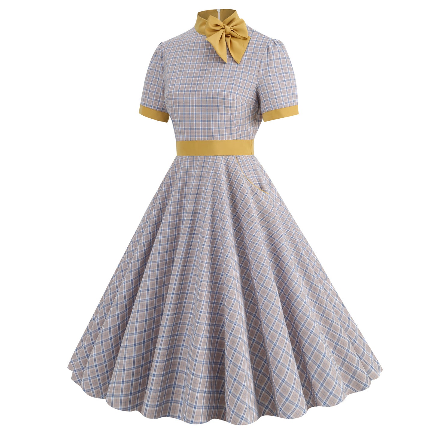Hepburn Style Retro Stand Collar Contrast Color Sleeve Dresses