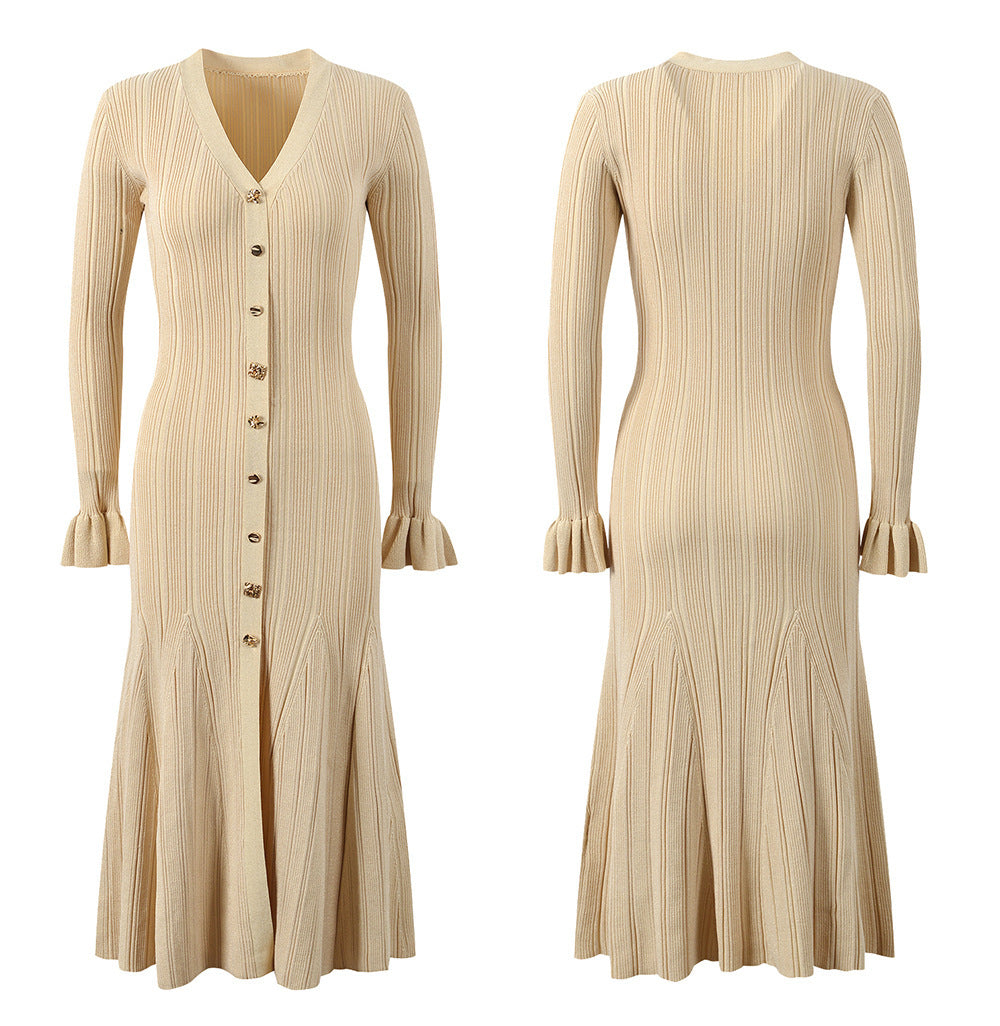 Women's French Style Long Gold Line Buckle Sleeve Dress