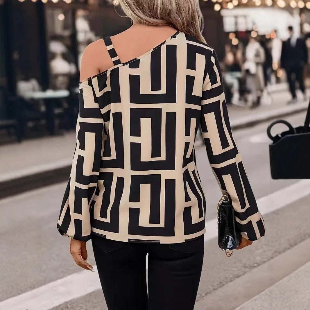 Women's Fashion Geometric Printed Long Sleeve Off Blouses