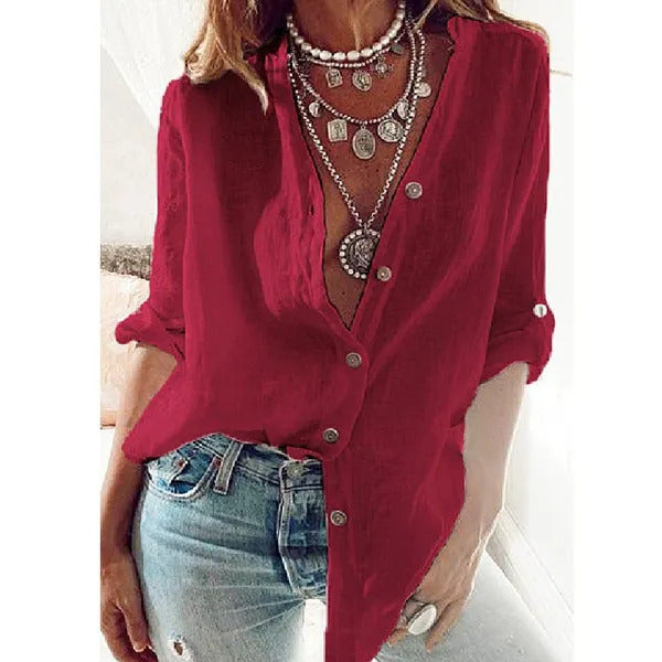 Women's Pure Color Cotton Rollable Sleeves Loose-fitting Blouses