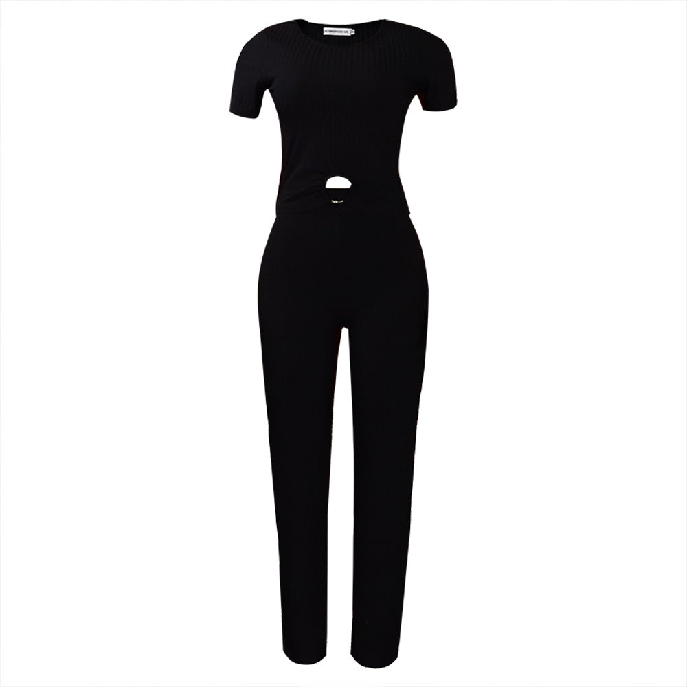 Summer Solid Color Rib Fabric Set Fashion Casual Suit