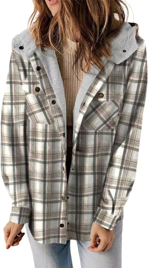 Women's Plush Shirt Casual Plaid Hooded Woolen Jackets