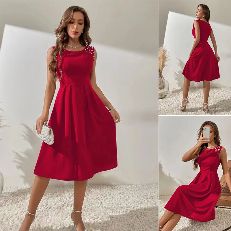 Women's Round Neck Bead Sleeveless Princess Dress
