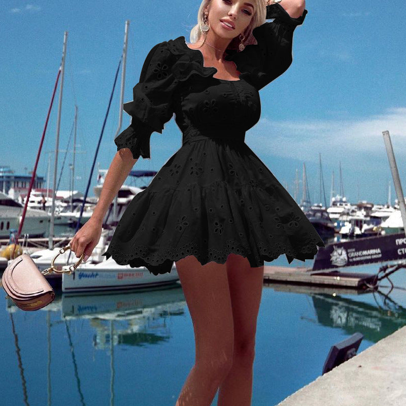 Women's Temperament Long Sleeves Combed Cotton Mini Dresses