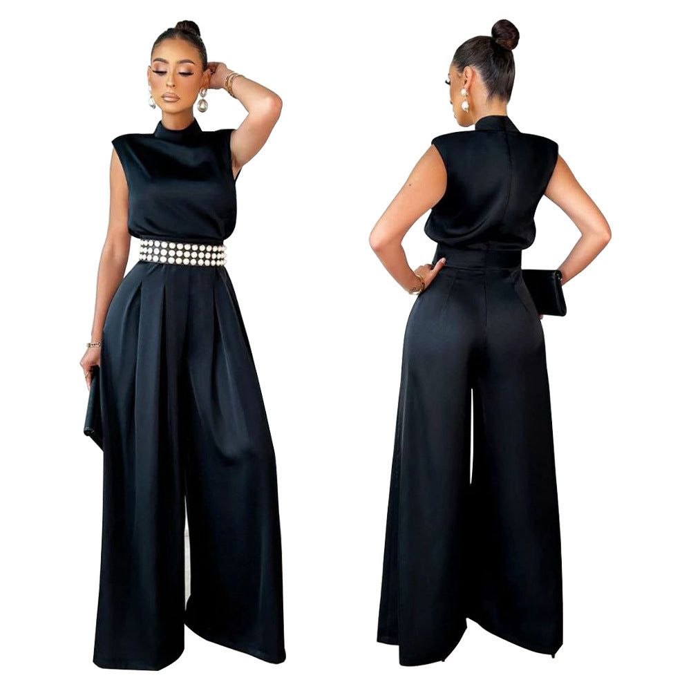 Women's Fashionable Wide Leg Solid Color Turtleneck Jumpsuits
