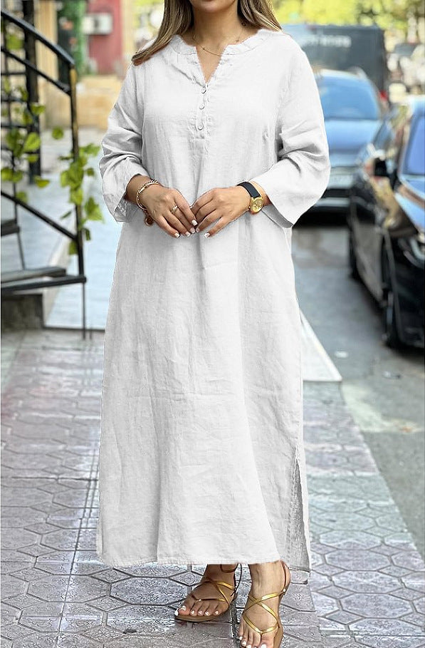 Cotton Linen Solid Color Long Sleeve Dress