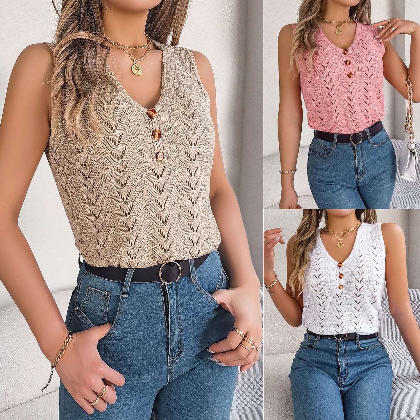 Cool Women's Button Hollow Sleeveless Holiday Women's Sweater