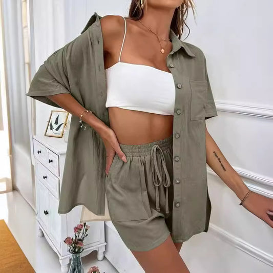 Women's Two-piece Solid Color Shirt Outfit Casual Loose Clothing