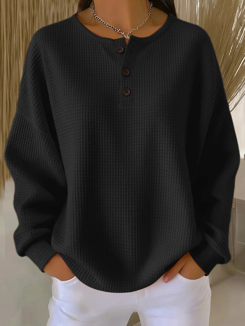 Round Neck Waffle Solid Color Pullover Women's Sweater