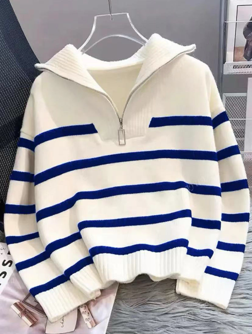 Contrast Color Striped Loose Idle Korean Style Pullover Urban Half Women's Sweater