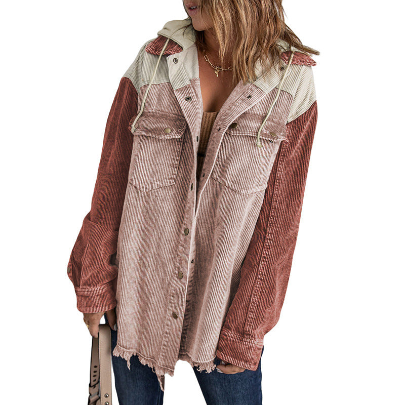 Women's Hooded For Color Contrast Patchwork Single-breasted Jackets