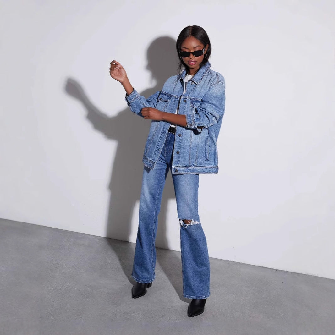 Women's Washed Denim Female Casual Loose Long Jackets