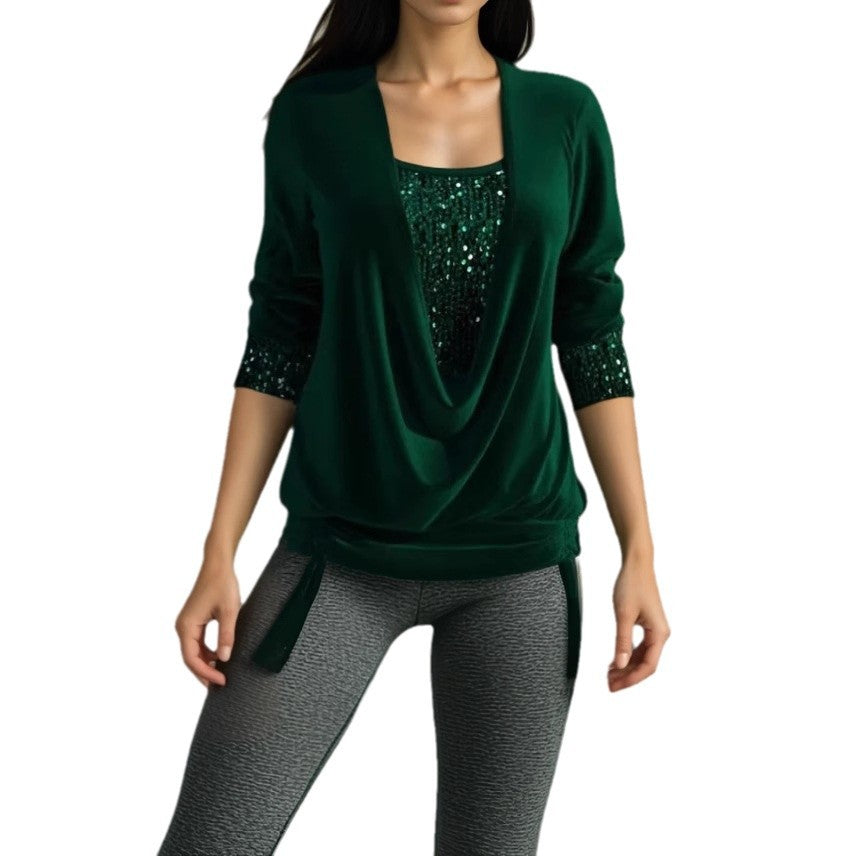 Women's Sequin Long Sleeve Large Drop Collar Clothing
