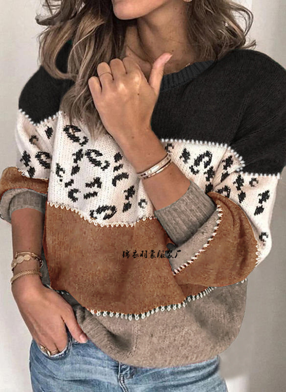 Leopard Splicing Fashionable Knitted Pullover Knitting Knitwear