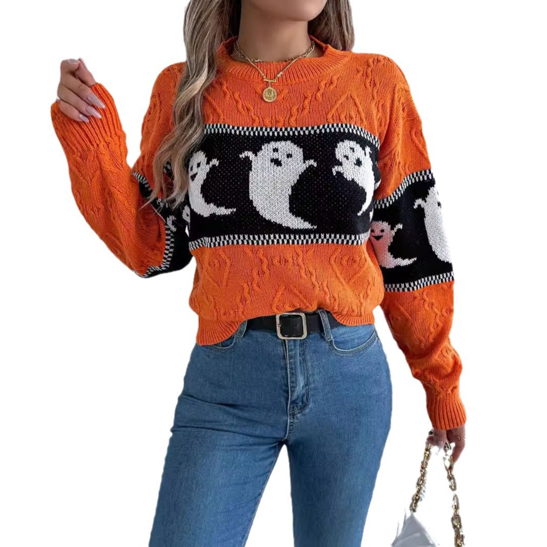 Women's Halloween Theme Ghost Contrast Color Long Sleeves Sweater