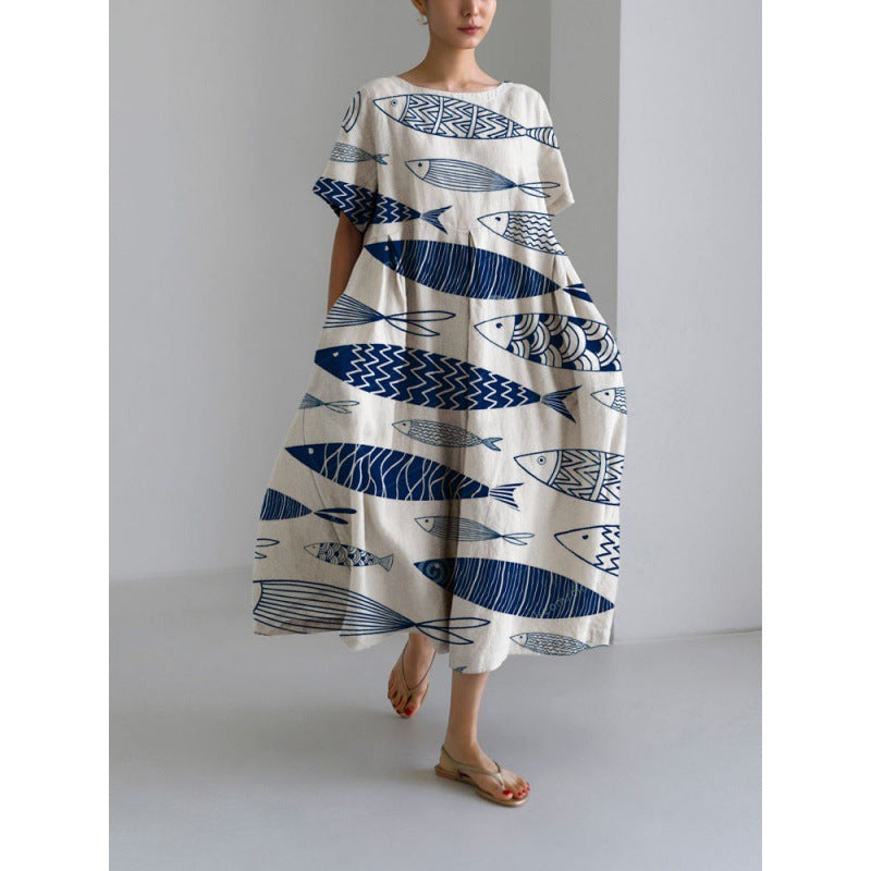 Women's Round Neck Fashion High-grade Short-sleeved Printed Dresses