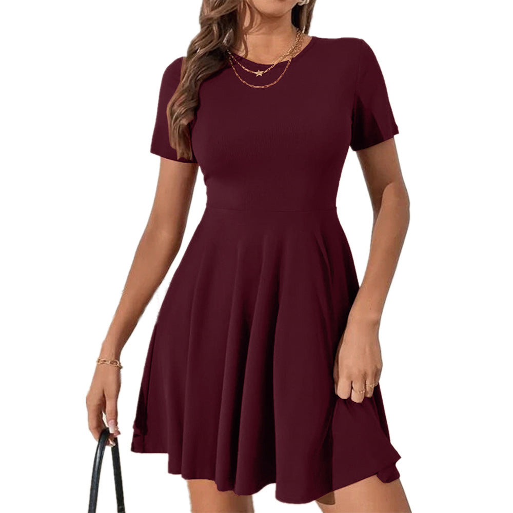Women's Color Rib Fabric Stitching Casual Fashion Round Neck Dress