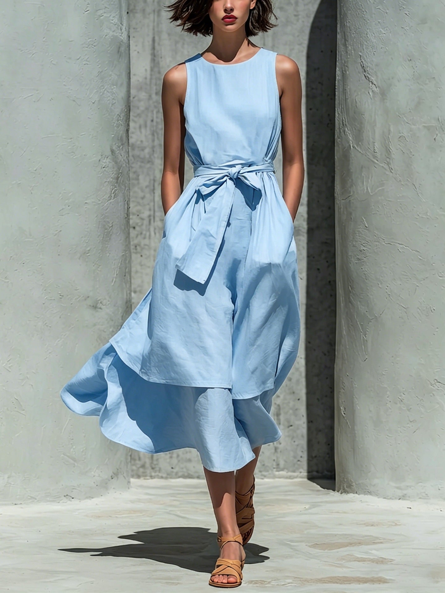 Sleeveless Round Neck Tied Waist Irregular Swing Dress