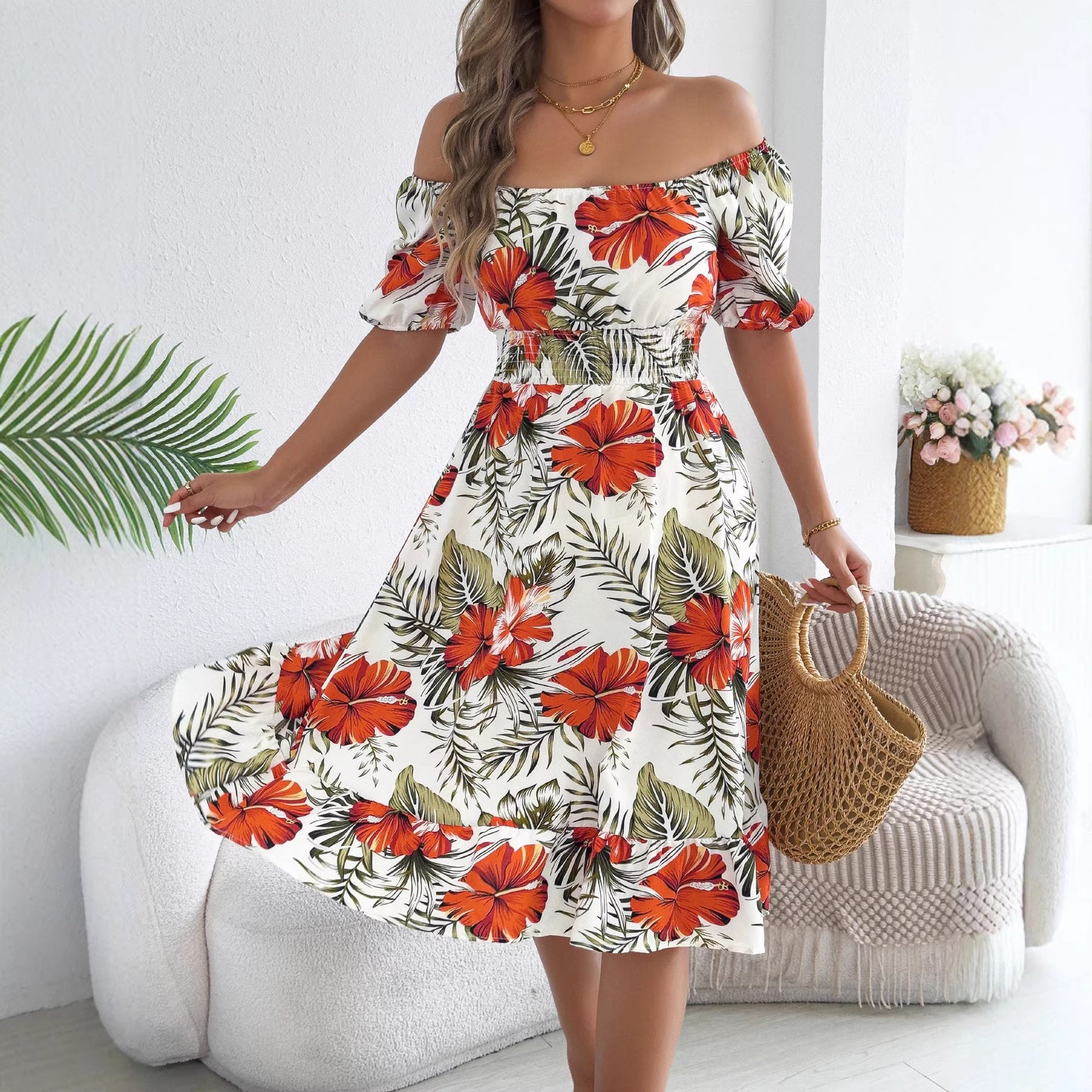 Women's Flower Sleeve Ruffled A- Line Holiday Clothing