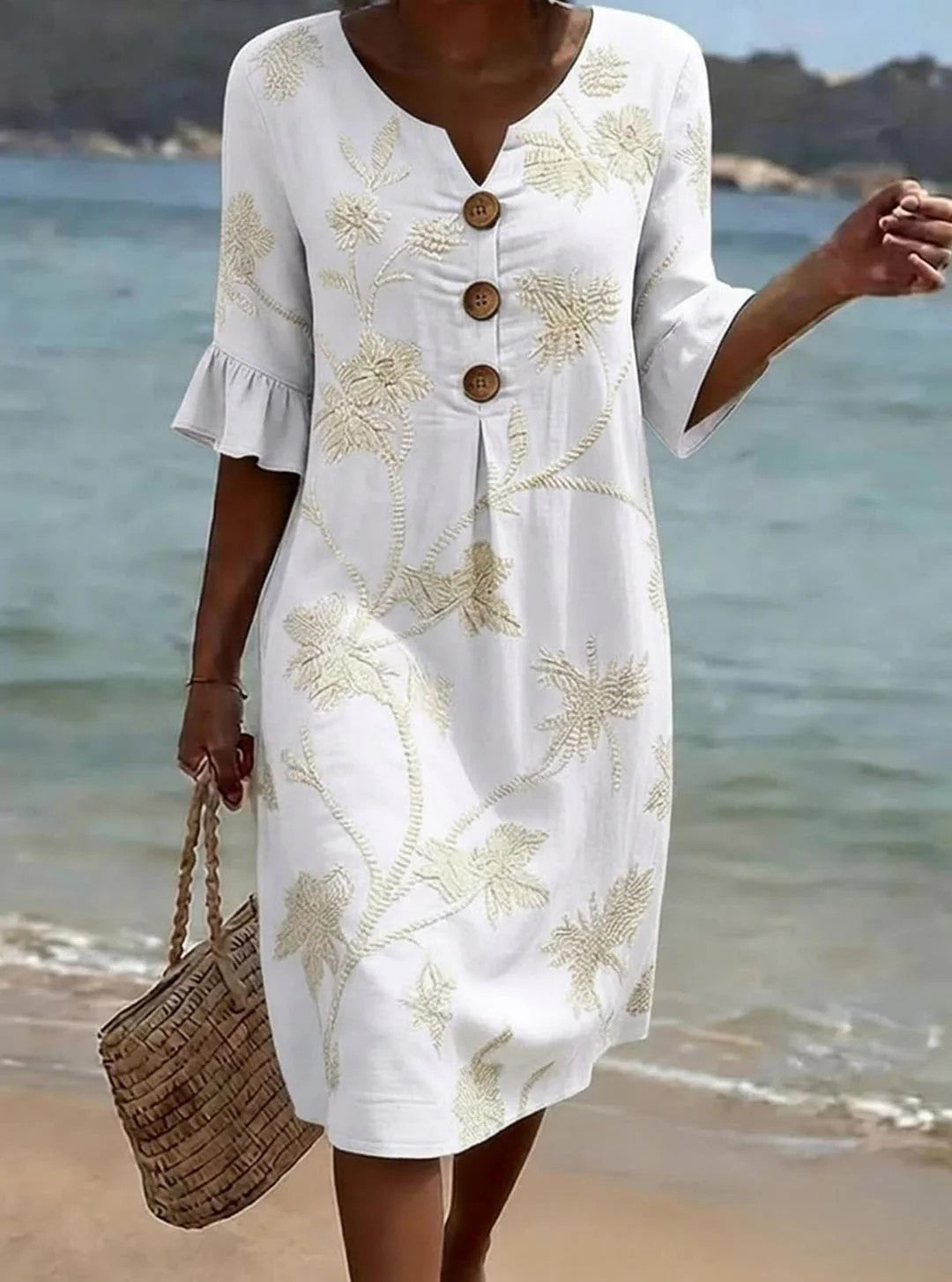 Women's Fashion Wear Buttons Floral Print Casual Cotton Dress