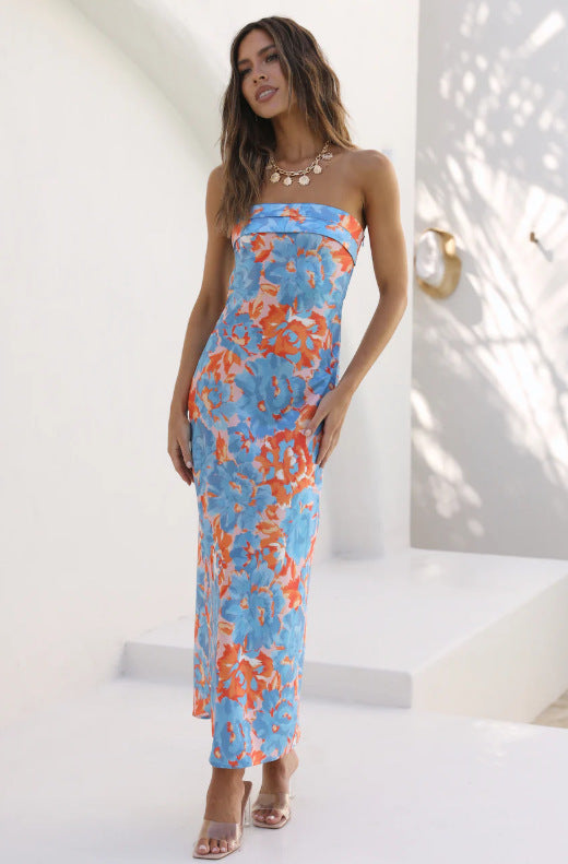 Bandeau Printed Hot Temperament Long Party Dress