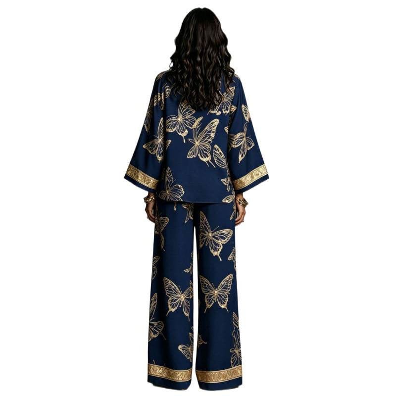 Women's Printed Sexy Deep V Loose Zip Wide Fashion Casual Suit