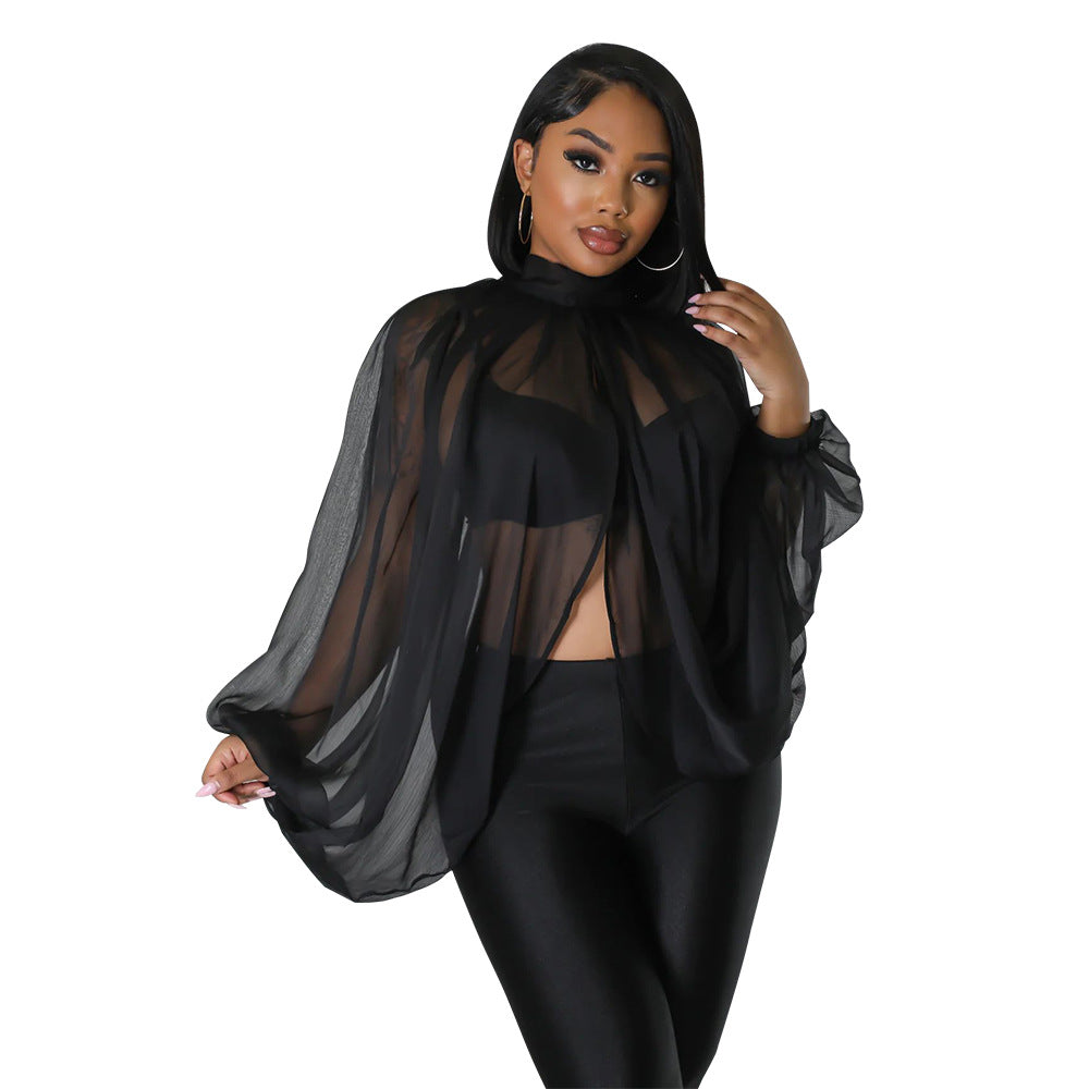 Women's Lace Printing Chiffon Shirt Batwing Sleeve Blouses