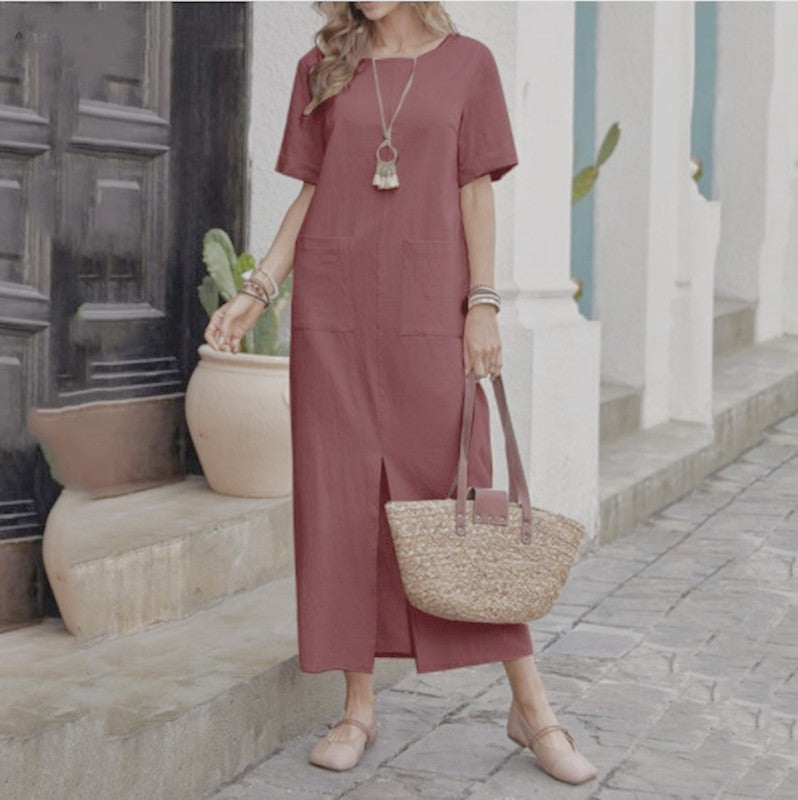 Women's Summer Cotton Linen Solid Color Loose Round Dresses