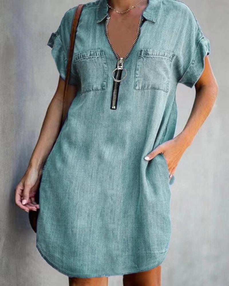 Charming Lapel Sleeve Loose Denim Shirt Dress