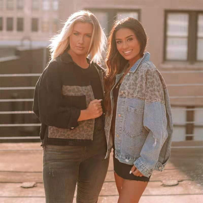 Women's Denim Long Sleeve Leopard Splicing Jackets