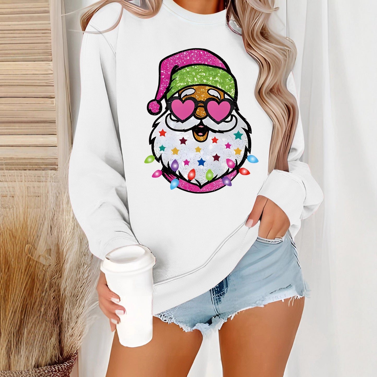 Women's Claus Graphic Print Crew Neck Casual Long Women's Sweater, Sweater