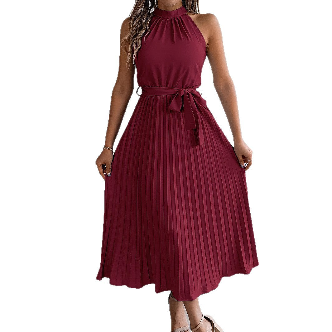 Women's Elegant Stand Collar Sleeveless Cinched Pleated Dress
