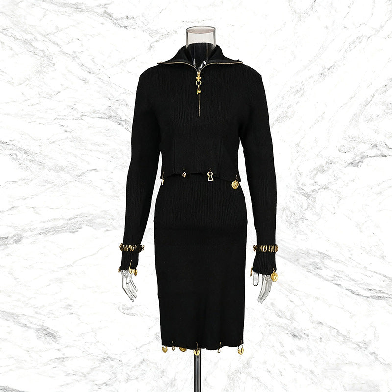 Women's Temperament Style Knitted Two-piece Zipper Collar Metal Decoration Suits