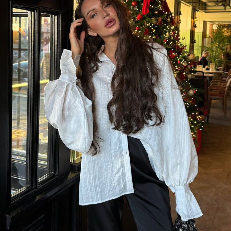 Women's Stand-up Collar Long-sleeved Loose-fitting Shirt High Sense Blouses