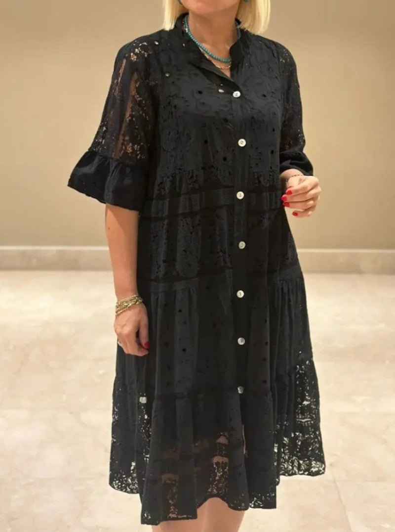Women's Summer Solid Color Lace Button Stitching Dress