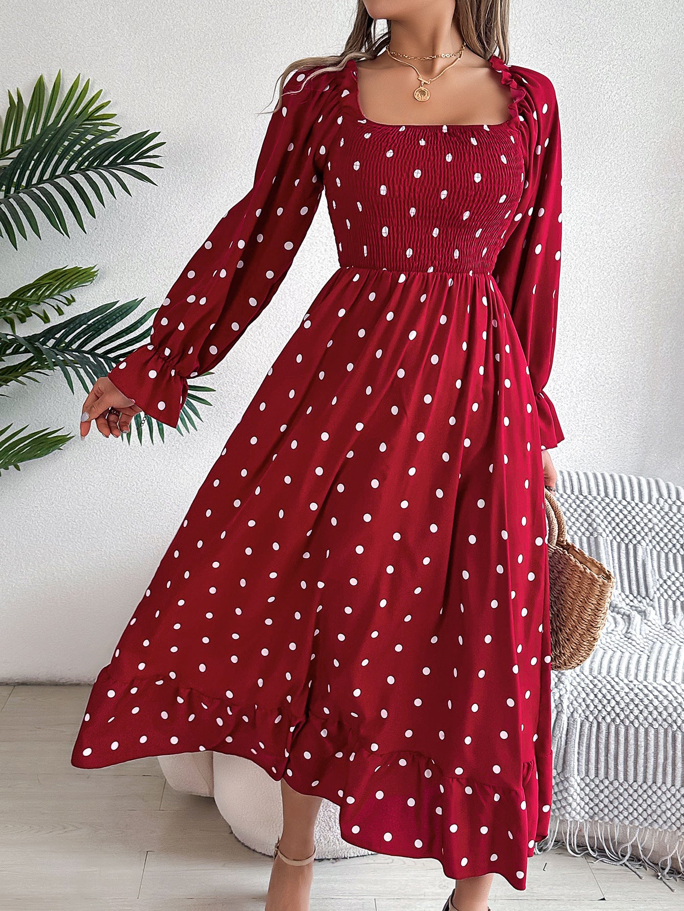 Women's Casual Wooden Ear Square Collar Polka Dot Large Dress