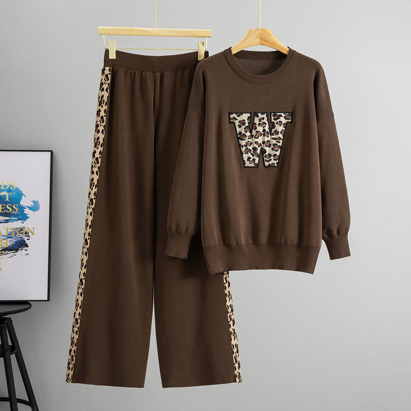 Women's Sleeve Leopard Wide Leg Classic Style Knit Suits