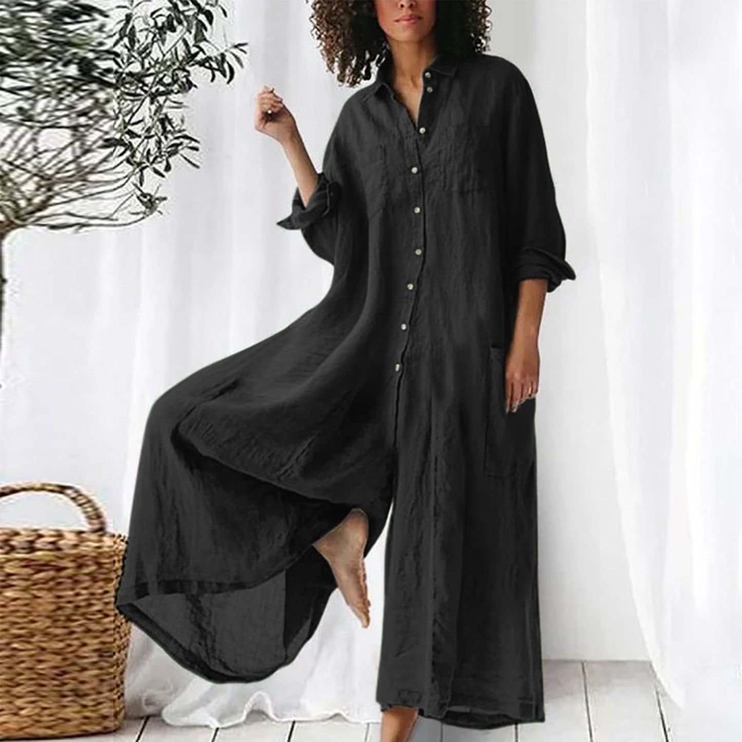 Women's Solid Color Casual Long Sleeves Mid-length Jumpsuits