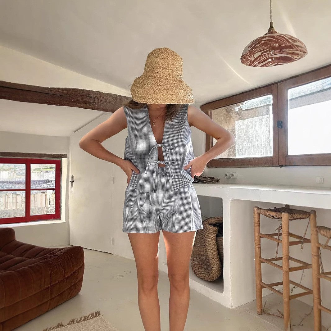 Women's Summer Vacation Style Plaid Drawstring Two-piece Fashion Casual Suit